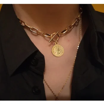 S.steel WOMEN coin penny Long T BAR CHOKER NECKLACE GOLD COLOR Toggle PENDANT NECKLACE collares de moda Boho Collier gift