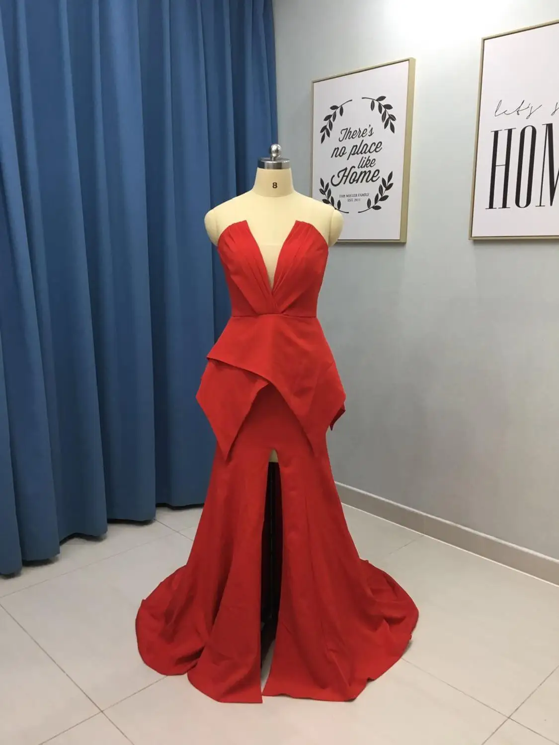 Сексуальное красное вечернее платье русалки с v-образным вырезом и высоким разрезом, элегантные женские длинные атласные вечерние платья в африканском стиле с баской - Цвет: Красный