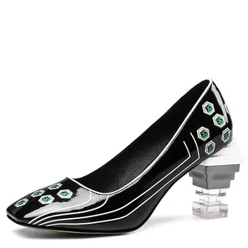 

High New Leather Women High Shoes Woman YECHNE Hooks Shoes Heteromorphic Crystal Hook Shoes Sexy Party Pumps