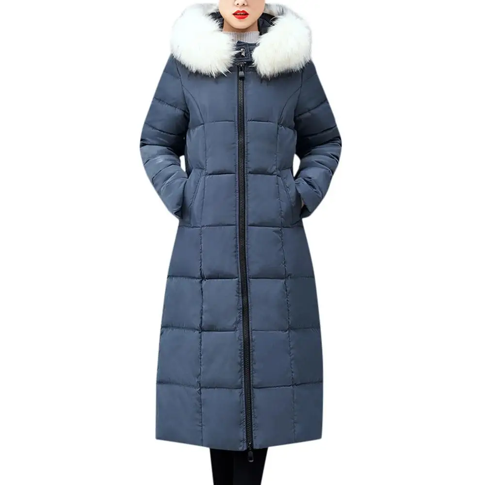 Blue Зимние женские куртки, верхняя одежда, плотное теплое пальто с капюшоном, тонкое пуховое пальто с капюшоном, Длинные куртки на молнии с хлопковой подкладкой, пальто с карманами BB4 - Цвет: Blue