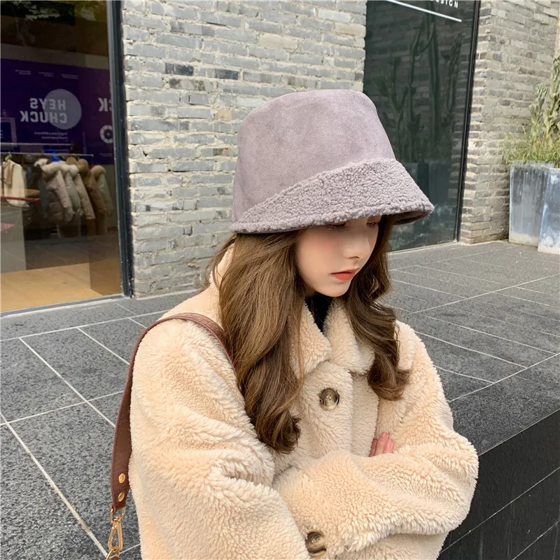 

Suede stitched thickened warm double-sided Bucket Hat winter hats for Women Harajuku Plush Lrregular Fisherman Basin Cap