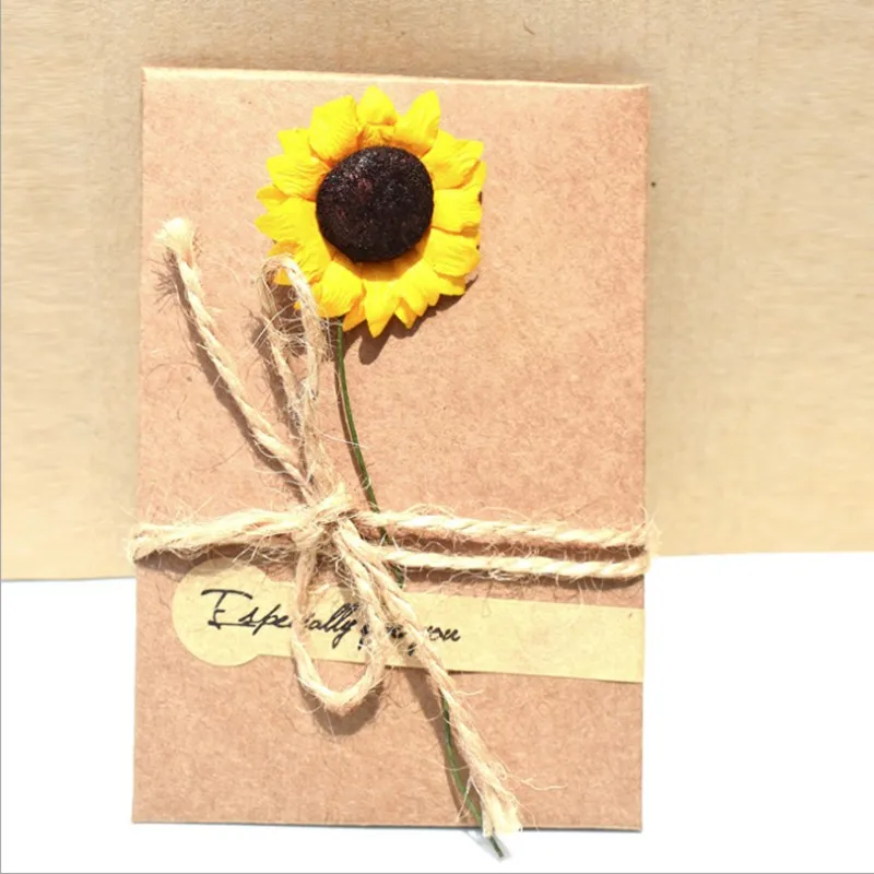

50pack wholesale Kraft Paper Handmade Dried Flower Greeting Card with Hemp Rope Envelope+Card Sunflower Carnation 18*12cm