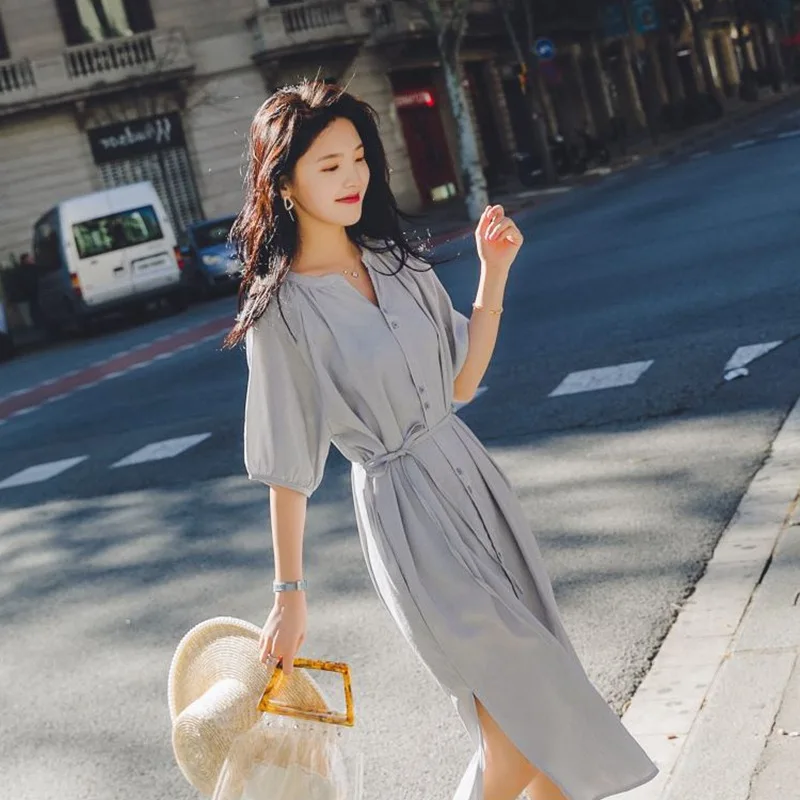 

Photo Shoot Normcore Style Women's INS Young Small V-neck Plain Color Stripes Single Breasted Waist Hugging Lace-up Slit Shirt D