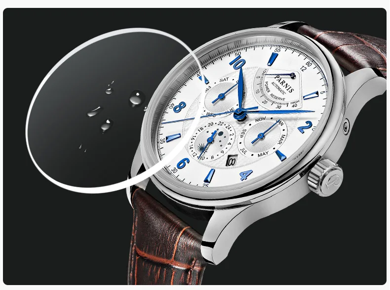 Parnis 42 мм автоматические часы Moon Phase power serve часы для мужчин люксовый бренд Топ Miyota механические Winder часы PA6062-A подарок для мужчин