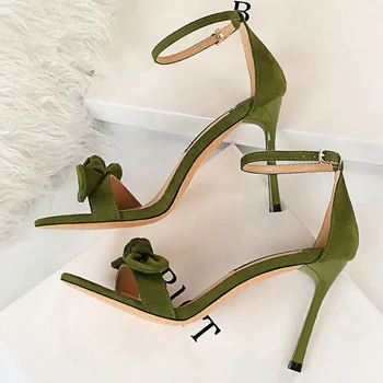 

2020 Women 9.5cm High Heels Platform Flock Green Sandals Stiletto Fetish Strap Stripper Shoes Lady Gladiator Summer Sexy Sandles