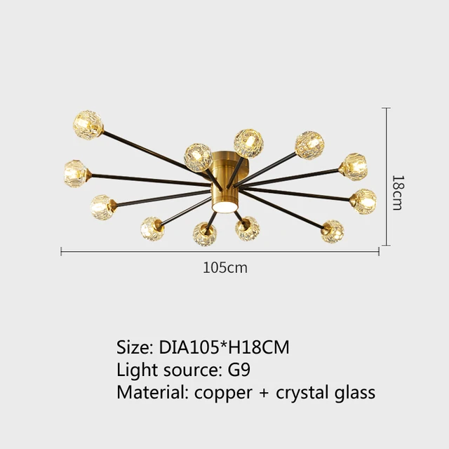 Modern luxury copper crystal ceiling lamp lighting American retro lamp restaurant golden luster molecular art ceiling lamp Auburn
