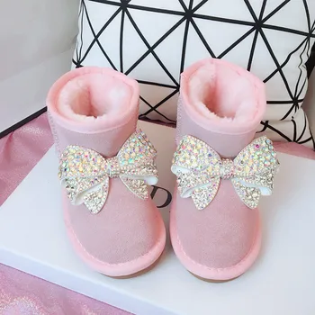 

ULKNN Girls Winter Pink Boots Children'S Shoes Short Handmade Rhinestone Bow Knot Princess Plush Warm Snow Boots New 2020