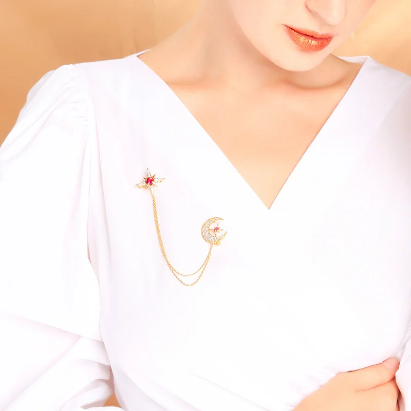 

Wild Star Moon Asymmetric Double Layer Accessories New Simple Temperament Net Red Brooch