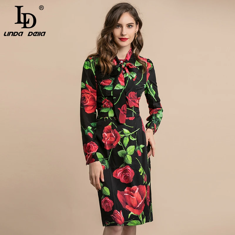 

LD LINDA DELLA Spring Summer Fashion Runway 100% Silk Suits Elegant Women Sets Rose Floral Print Vintage Skirts 2 Two Pieces Set