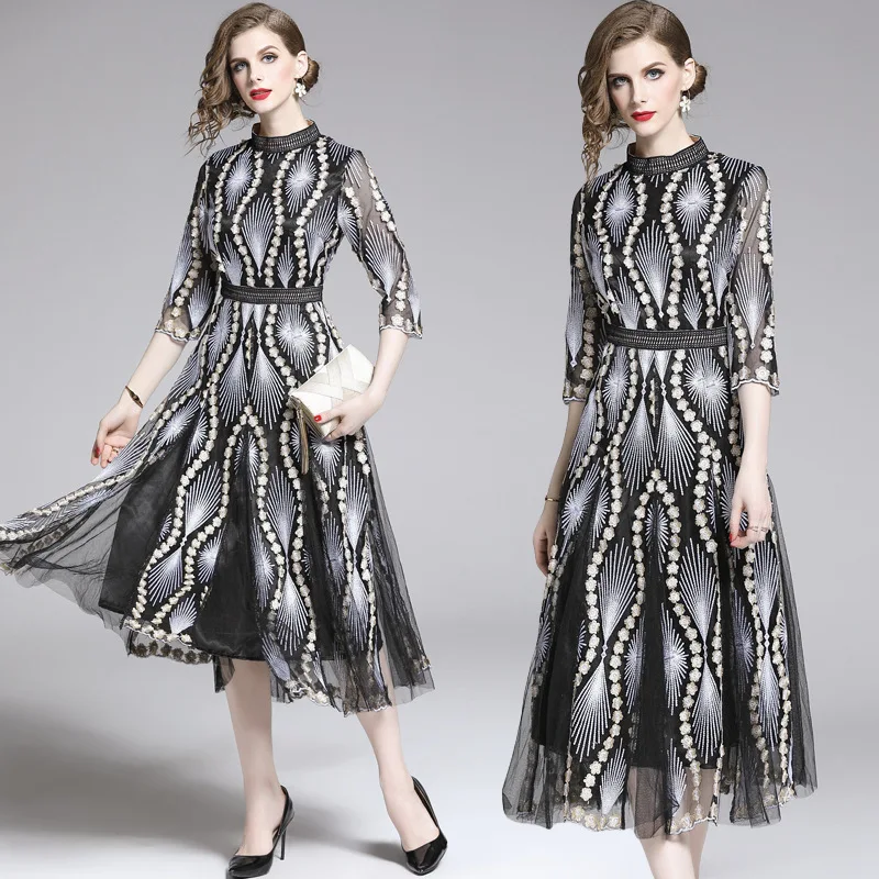 

Ozhouzhan 2019 Gauze Joint Embroided Dress Spring And Summer New Style Retro Crew Neck Three-quarter-length Sleeve Medium-length