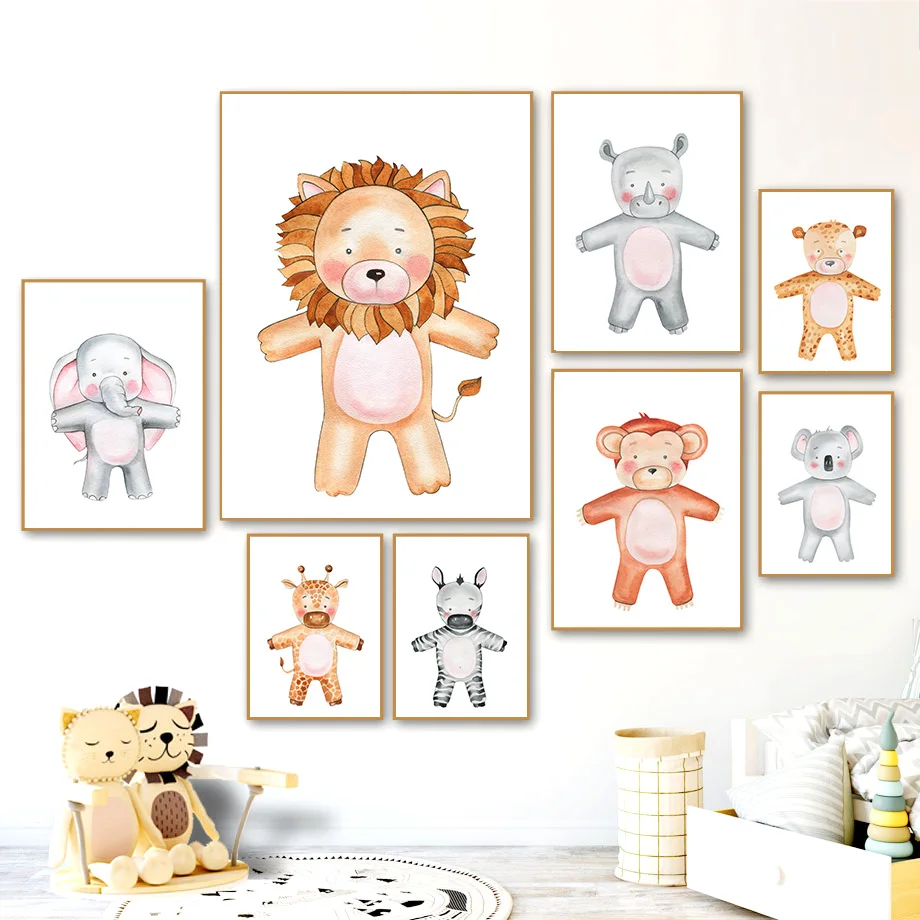 

Cartoon Lion Giraffe Zebra Elephant Nordic Posters And Prints Wall Art Canvas Painting Animals Wall Pictures For Kids Room Decor