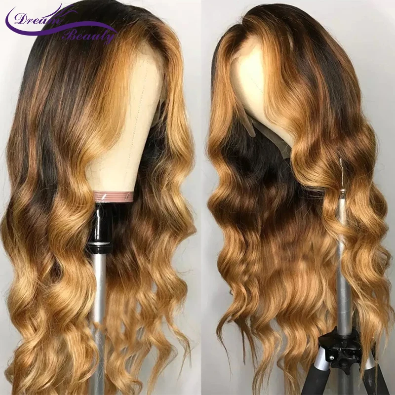 Günstige Brasilianische Remy Haar Spitze Vorne Perücke Wellig Ombre Blonde Highlights Farbe 180% Dichte Mittleren Teil Pre Gezupft Traum Schönheit