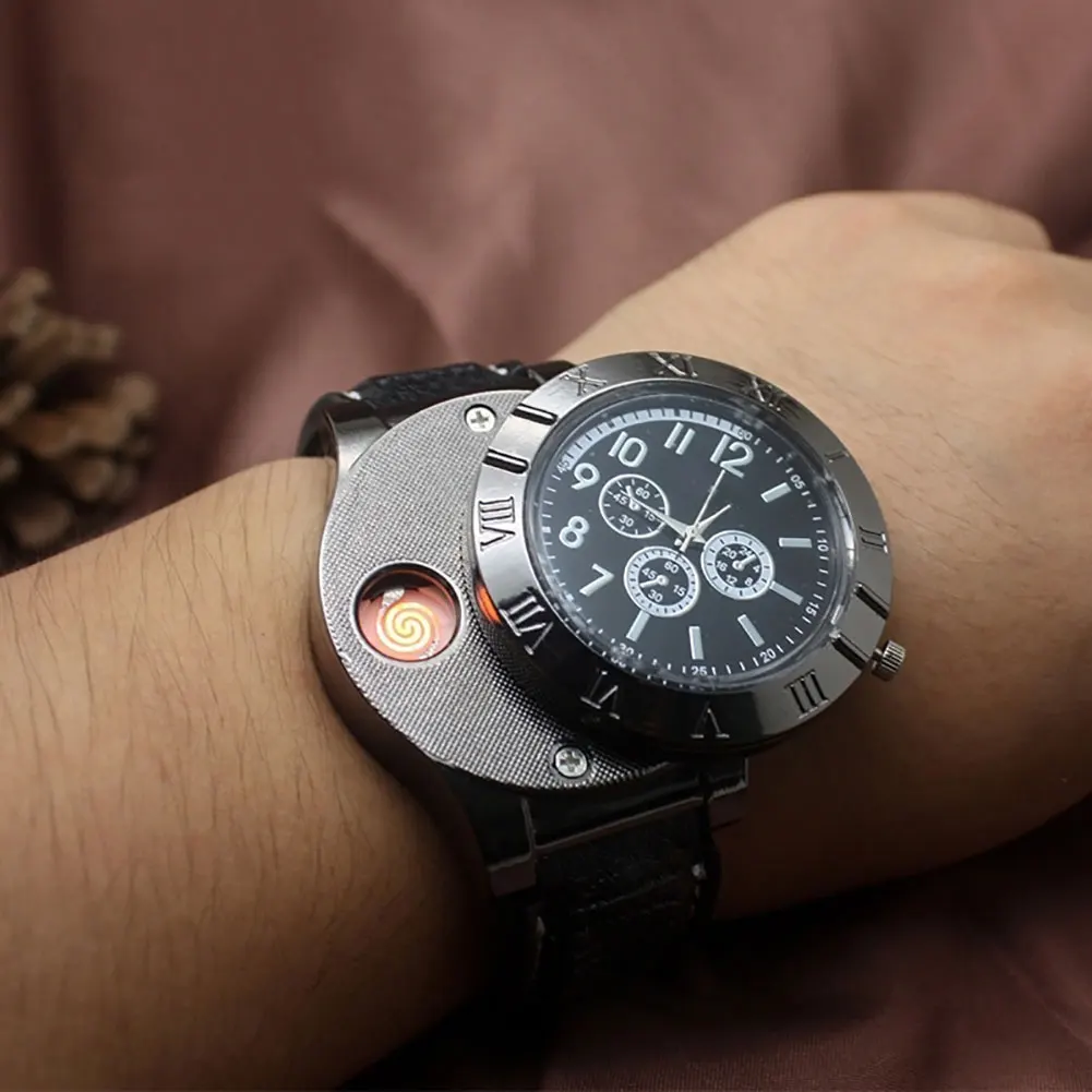 Fashion Outdoor USB Rechargeable Windproof Flameless Wrist Watch Lighter Gift