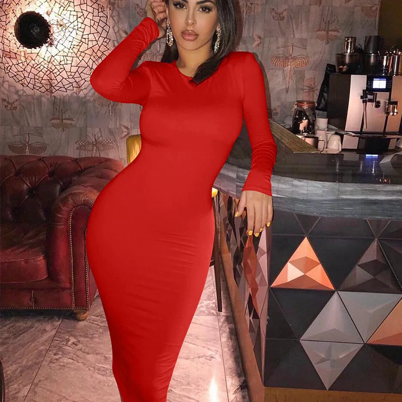 

BacklakeGirls Scoop Neck Straight Jersey Cocktail Dresses Long Sleeves Five Colors Cheap Women Club Dress 2020