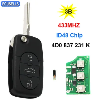 

3 Button Flip Folding Remote Car Key Fob 4D0 837 231 K 433MHZ ID48 Chip for Audi A6 S6 RS6 A8 TT HU66 Uncut Blade