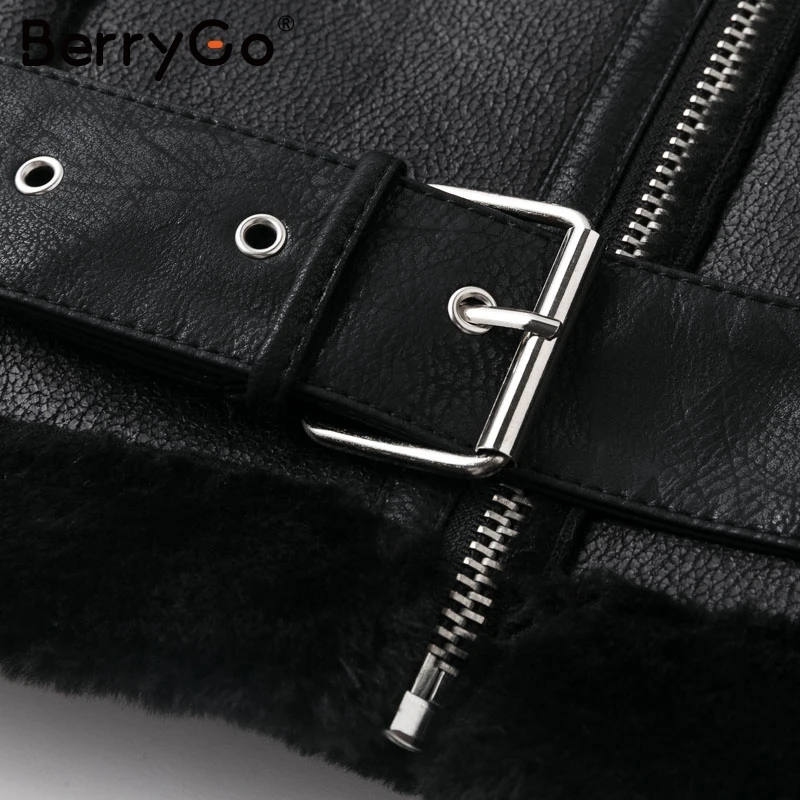 BerryGo Элегантный карманный ремень женское пальто из искусственной замши зимняя мотоциклетная кожаная куртка женская Повседневная Уличная Черная Женская куртка