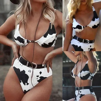 

Home&Nest Women Sexy Two-piece Milk Print Belt Bikini Set Push-Up Swimsuit Beachwear Swimwear Bathing Beach Swimming Suit 2020