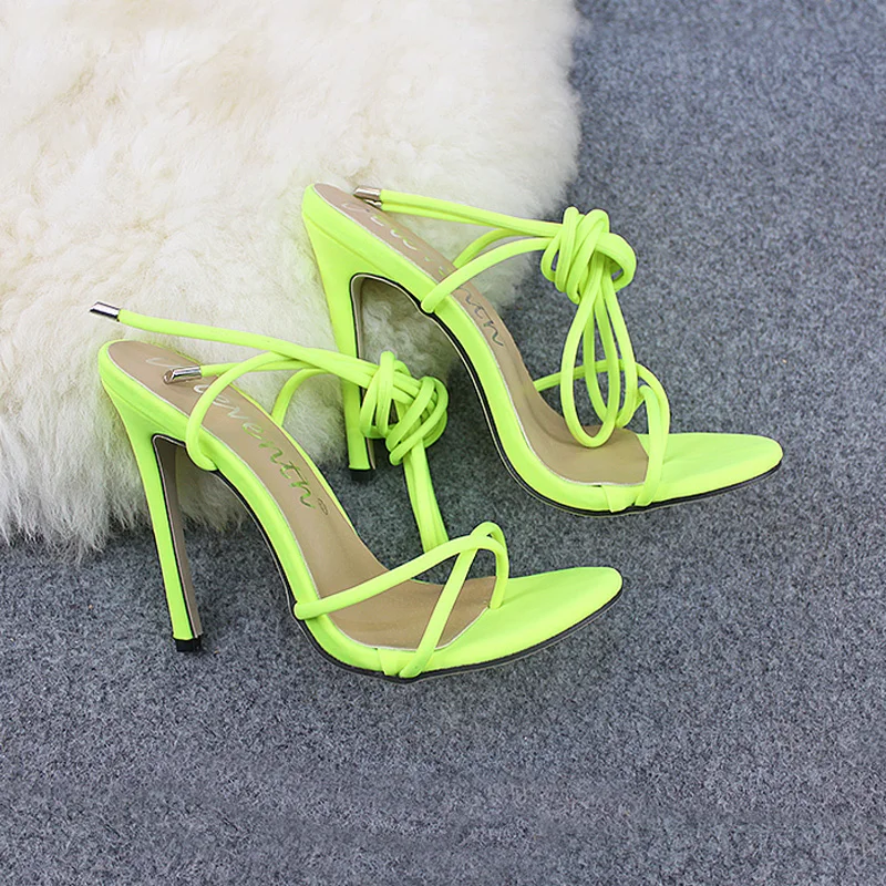 Neon Green ZHENBAILI; модные неоновые зеленые женские босоножки на высоком каблуке; сандалии-гладиаторы с ремешками на лодыжках; женские вечерние туфли на тонком каблуке 12 см; размера плюс - Цвет: Neon Green