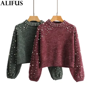 

Fashion Za Women Turtleneck Sweater 2019 Solid Pearl Casual Lantern Sleeve Loose Knitting Pullovers Sweaters Jumper Ladies Top