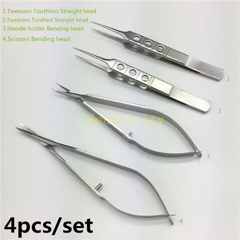 

4pcs/set stainless steel surgical tools 12.5cm scissors+Needle holders +tweezers ophthalmic microsurgical instruments