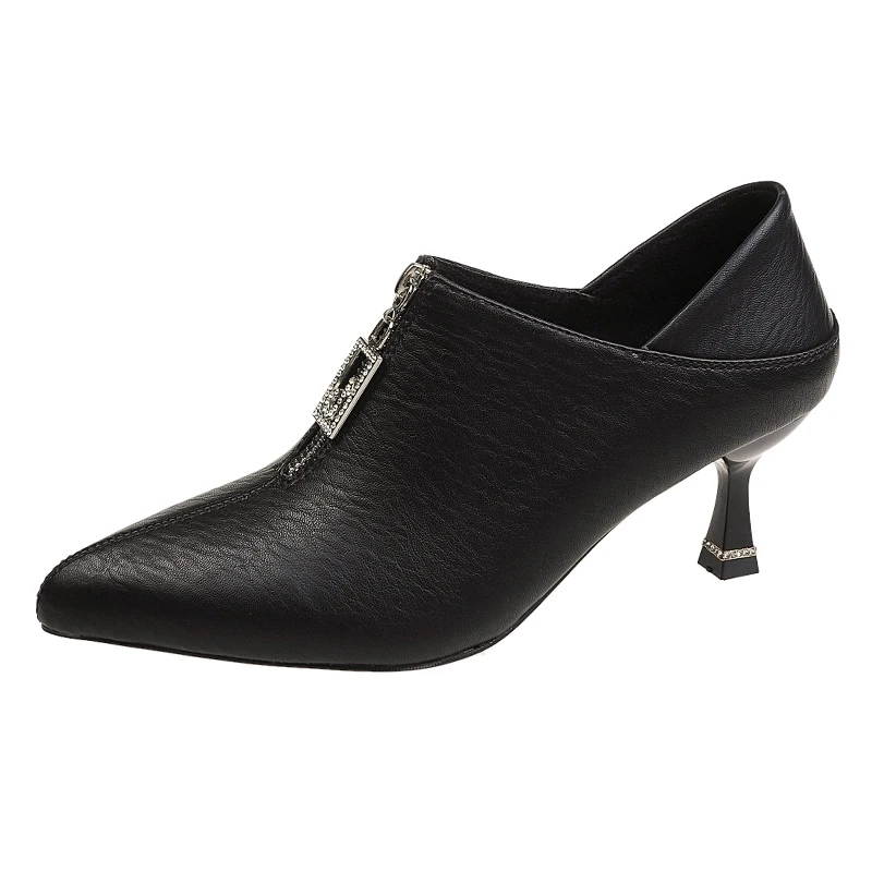 

Women Shoes Heel Solid Mom Shoes Zipper Wedding Female Pumps Boots Autumn Winter PU Leather Pointed Toe Thick High U14-51