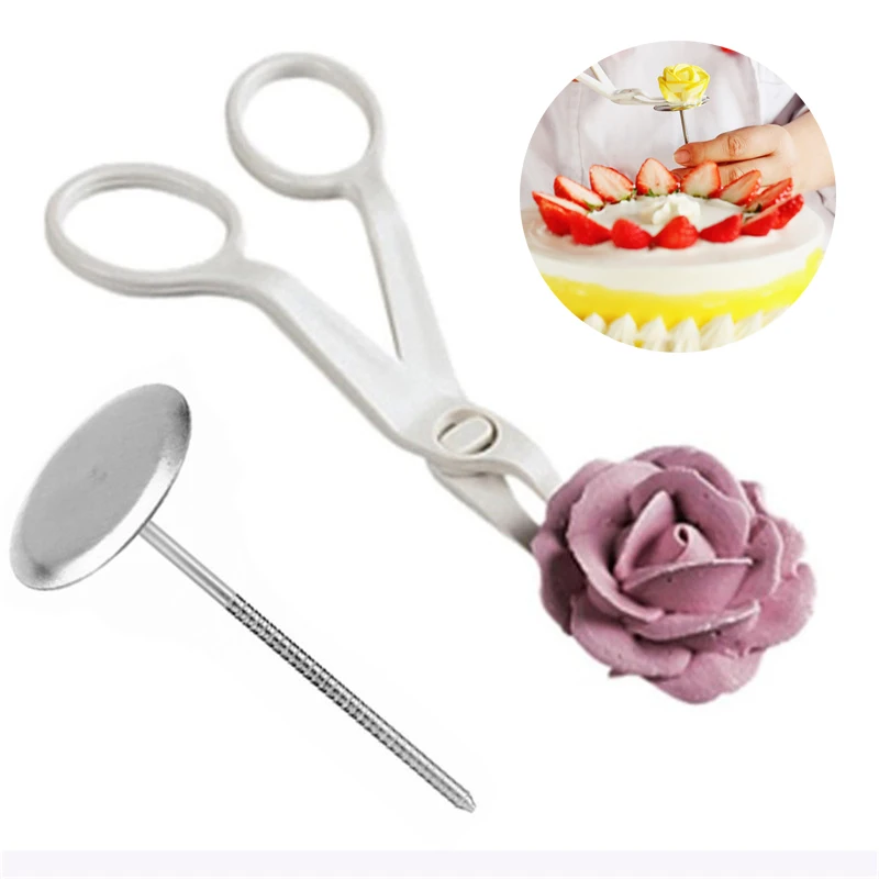

TTLIFE 2Pcs Piping Flower Scissors Nail Safety Rose Decor Lifter Fondant Cake Decorating Tray Cream Transfer Baking Pastry Tools