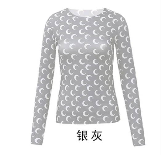 Ice Silk Crescent Moon Print Bodycon T-shirt Slim Top 2021 Summer Women's Round Neck Long Sleeve Tight T-shirt