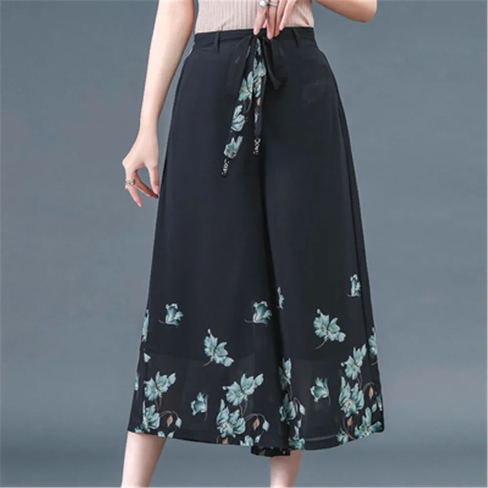 Женские шифоновые брюки-шаровары свободные брюки с высокой талией и принтом в