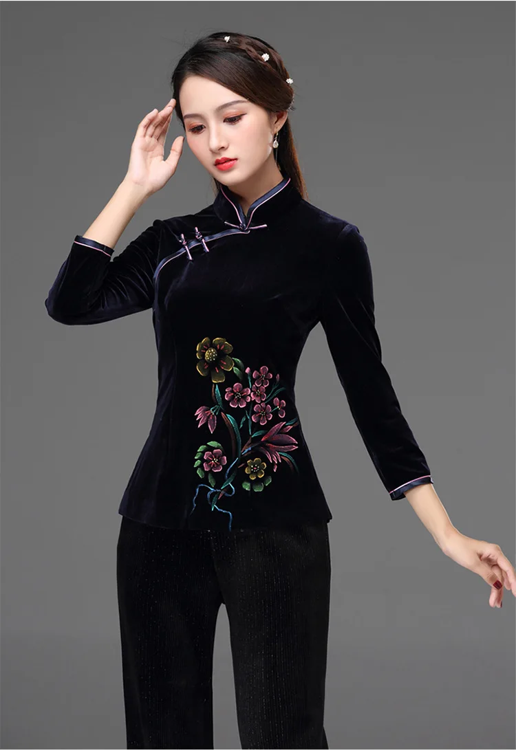 Cheongsam блуза Tang костюм блузка осенняя и зимняя мода улучшенная ретро тонкая Мать платье свадебное Золотое бархатное платье