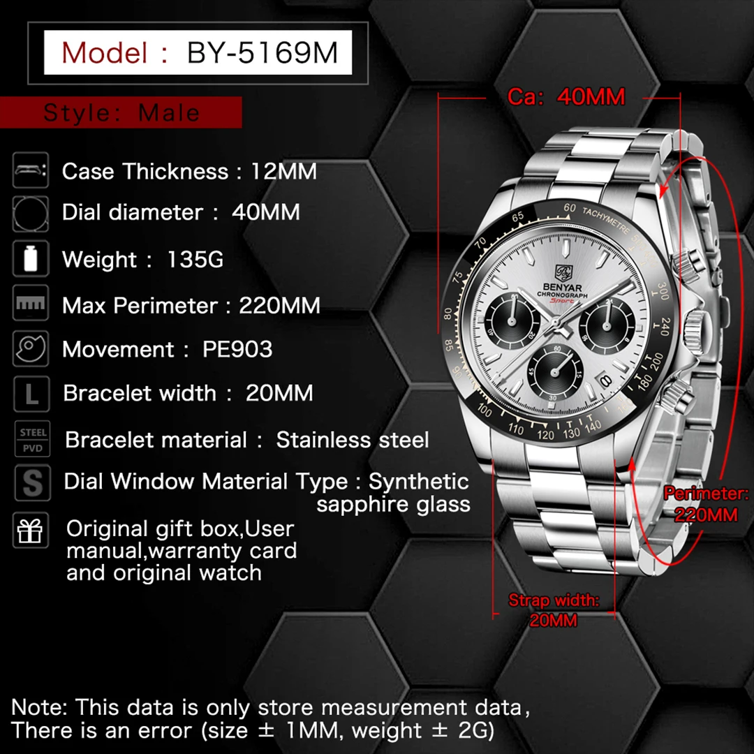 BENYAR Orologio Da Uomo In Pelle - Quarzo, Tre Quadranti, Data, Business Casual - Regalox (Scatola Regalo E Panno Inclusi)
