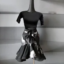 Модный Женский костюм для латинских танцев, юбка с черным цветком, сексуальный стандартный костюм для бальных танцев сальсы Y062