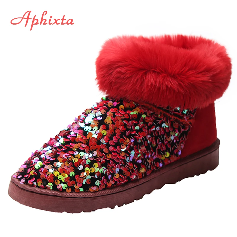 Aphixta/зимние ботинки из ткани с блестками; женская теплая плюшевая нескользящая обувь; женские зимние ботинки; женские водонепроницаемые ботинки; Botas Mujer - Цвет: Brown