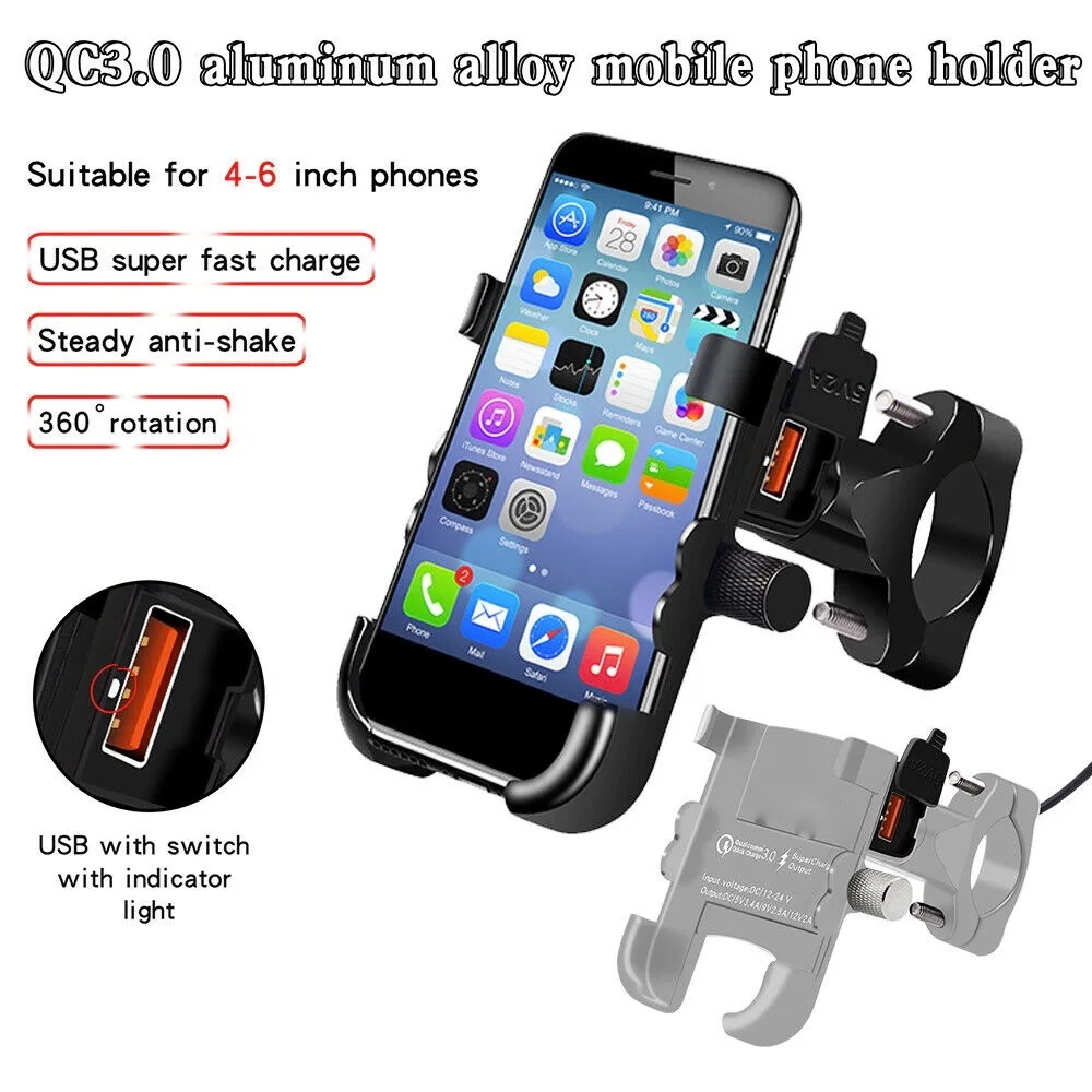 Motorcycle rechargeable 360°aluminum alloy phone holder Anti Falling bracket QC3.0 Fast Charge