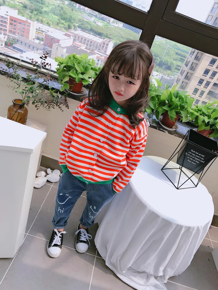 

2020 Spring And Autumn New Style Korean-style Girls Long Sleeve Stripes Crew Neck Sweater Coat Childrenswear