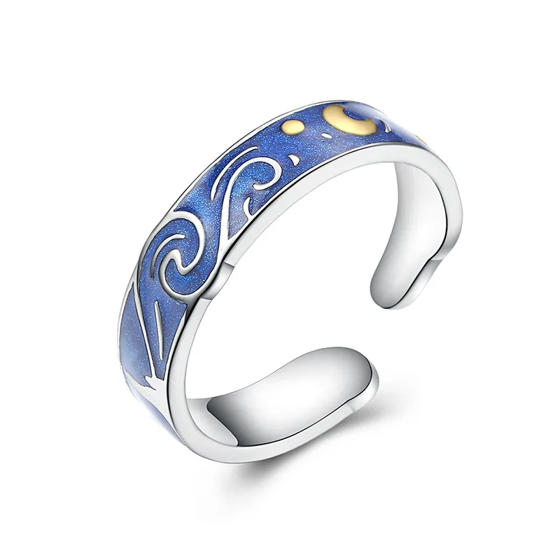 Qevila Real 100% 925 Sterling Silver Ring Van Gogh Open Rings Starry Sky Moon Adjustable Ring For Women Lover Men Romantic Gifts (3)