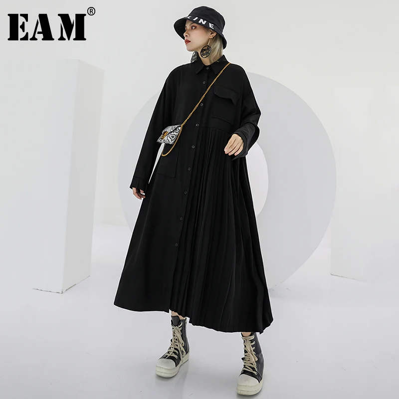 

[EAM] Women Spliced Pleated Split Joint Big Size Dress New Lapel Neck Long Sleeve Loose Fit Fashion Spring Autumn 2019 1A768