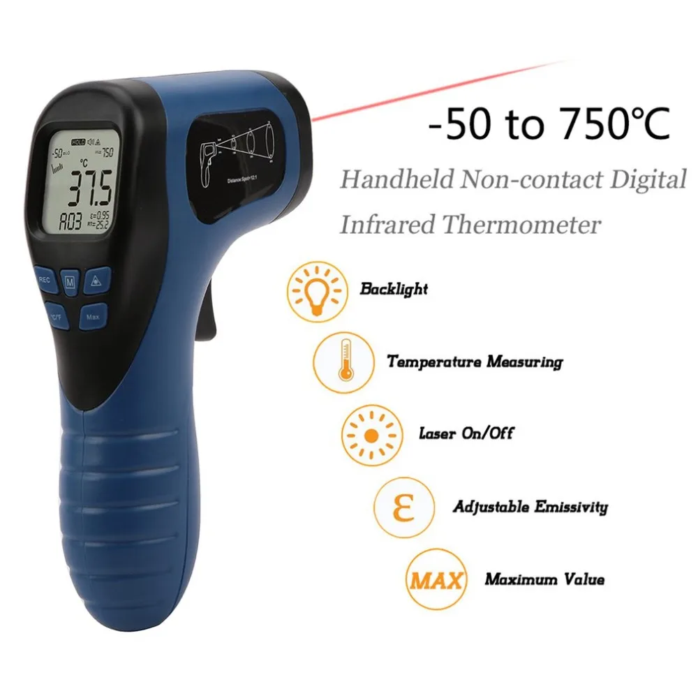 

Digital Infrared Thermometer IR Non-Contact Laser Temperature Tester Gun C/F Adjustable Handheld Meter