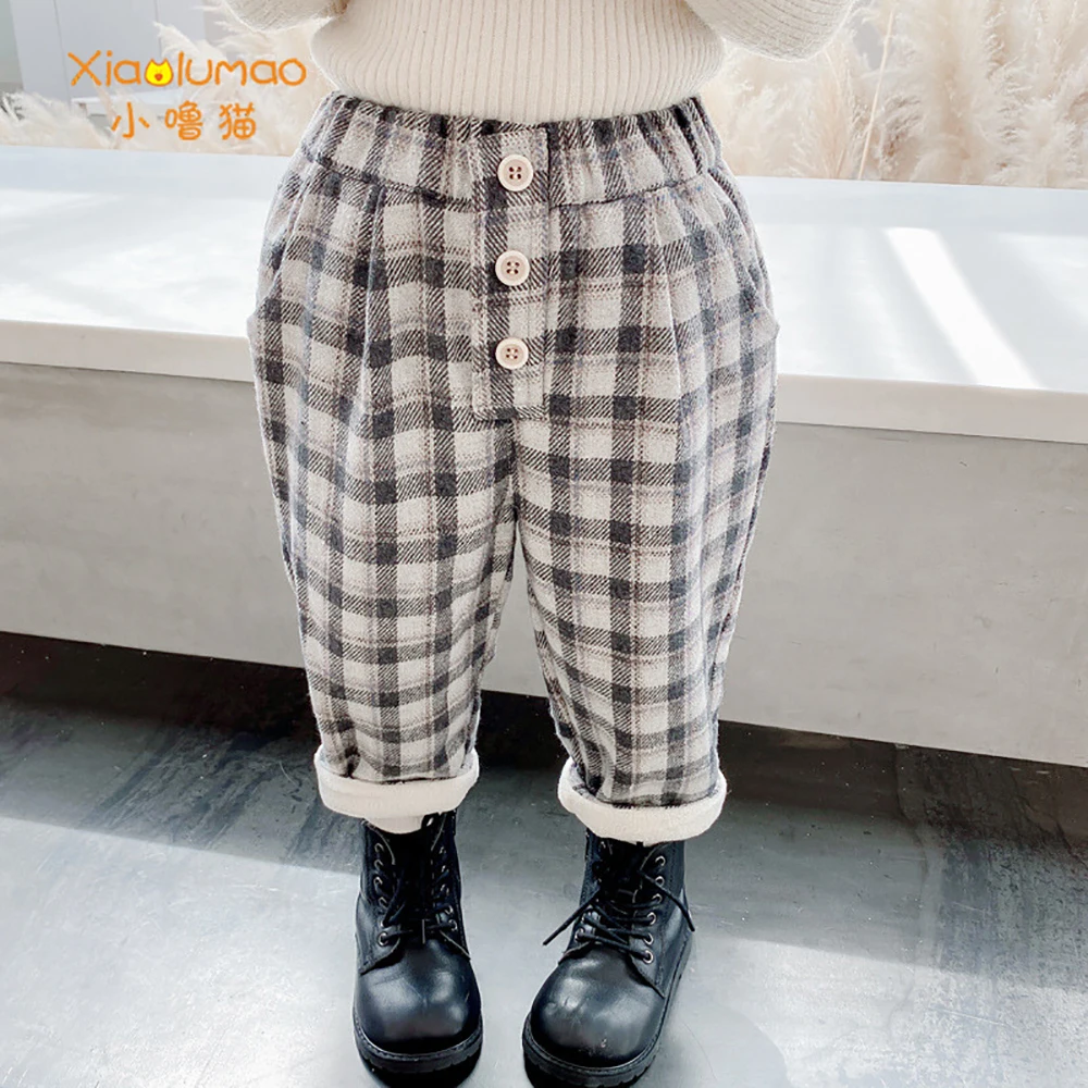 

Winter Children's Clothing Plus Velvet Kids Pants Wide Leg Boys Pant Buttons Plaid Baby Girls Clothes 2020 Fashion Korea Style