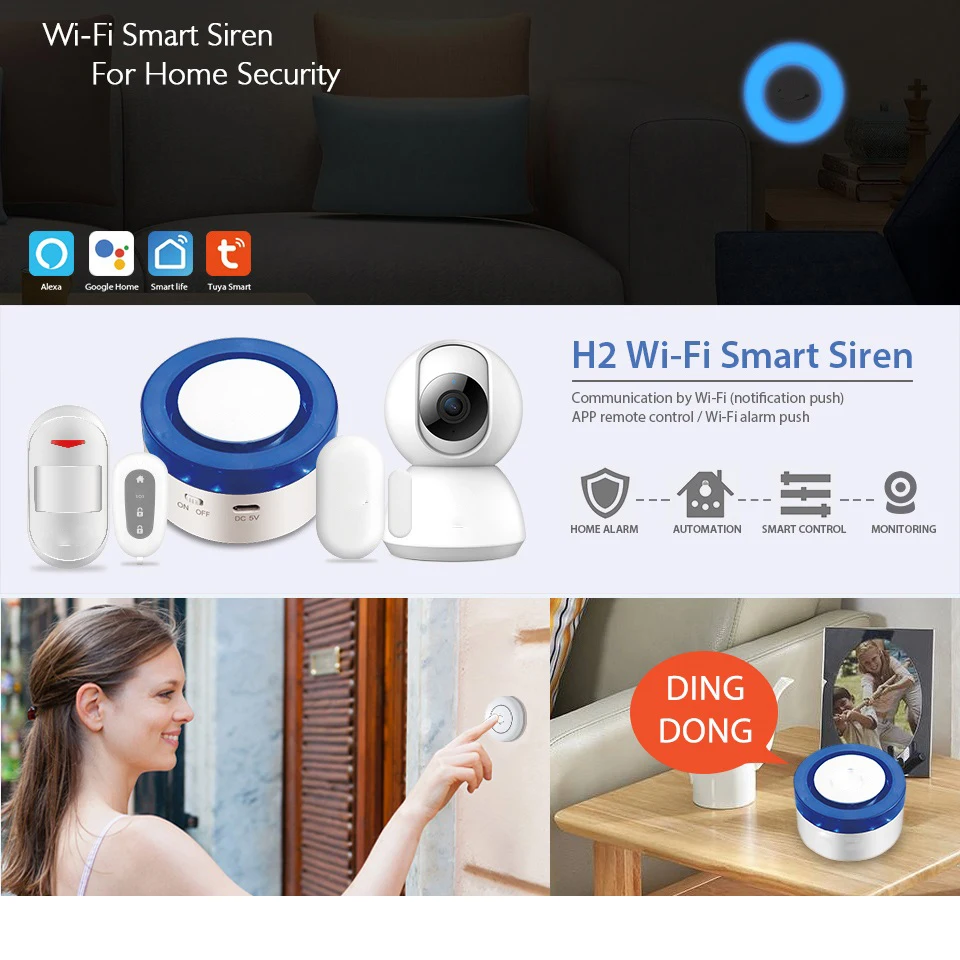 Беспроводная домашняя охранная Wifi сирена Tuya smart life приложение управление