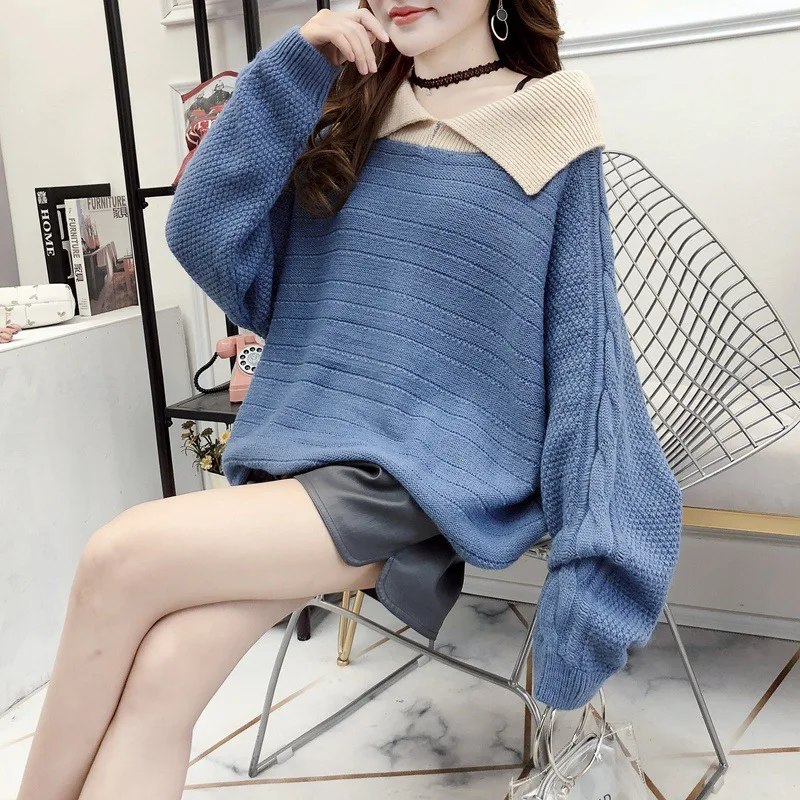 Woherb Off Shoulder V-neck Sweater Women Jumper Long Sleeve Contrast Color Knit Winter Pull Femme Autumn Elegant Pullover - Цвет: Синий