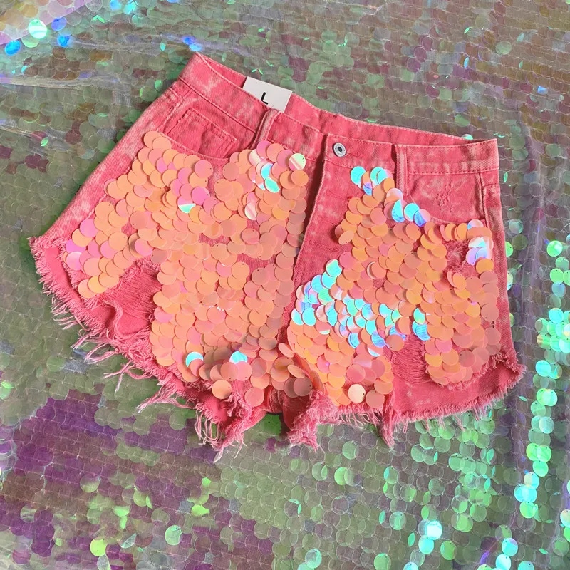 

2019 Washed tie dyed imported hand-sewn sequins pink cats tassels shredded wide-leg shorts