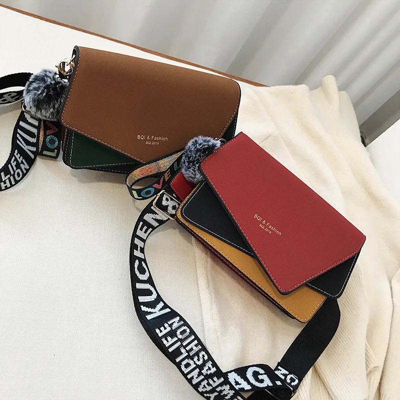 

2019 Autumn & Winter New Style WOMEN'S Bag Contrast Color Square Sling Bag Lettered Strap Irregular Fashion Dull Polish Joint WO