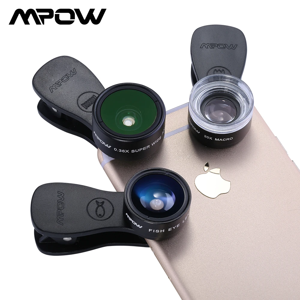 Originální sady Mpow MFE4 pro videokamery s objektivem 180 stupňů rybí oko + 0,36x širokoúhlý objektiv + 20x makro objektiv pro mobilní telefony