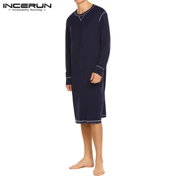 

INCERUN Mens Leisure Sleep Robes Long Sleeve Round Neck Bathrobes Solid Loose Nightgown Fashion Breathable Homewear Plus Size 7