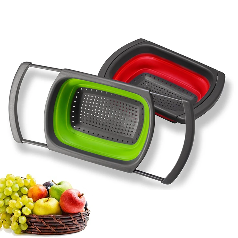 

Folding Fruit Basket Square Retractable Handle Plastic Drain Basket Water Filter Basket Storage Wash Bowl Washing Basket