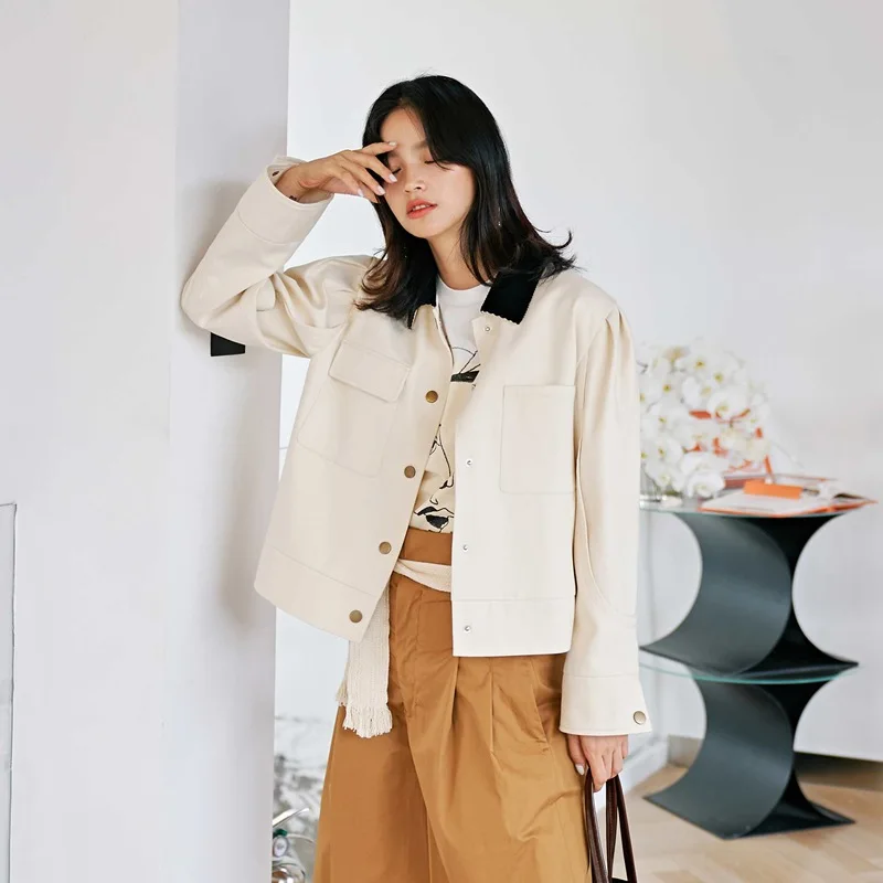 

2019 Origional Design Brand Single Breasted Casual Versatile Short Fold-down Collar Jacket Autumn New Style Long-sleeved Coat