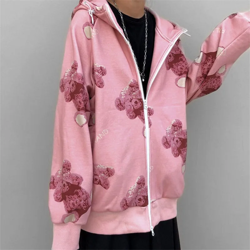 

Autumn Pink Hoodies Women Men Harajuku Bear Sweatshirt Loose Rock Zipper Hoodie Pockets Casual Cartoon Tops Kawaii Hoodies Girls