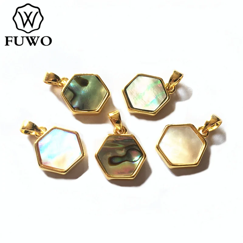 Mix Color FUWO шестигранный корпус кулон с медным ободком высокого качества натуральный розовый черный белый Seashell Шарм для изготовления ювелирных изделий PD582 - Окраска металла: Mix Color
