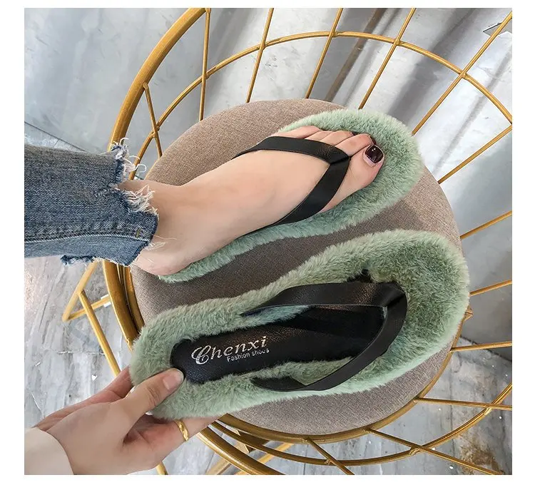 Classics Winter Women Fur Flip Flops Outside Flat Open Toe Women Shoes Solid Casual Faux Fur Slippers