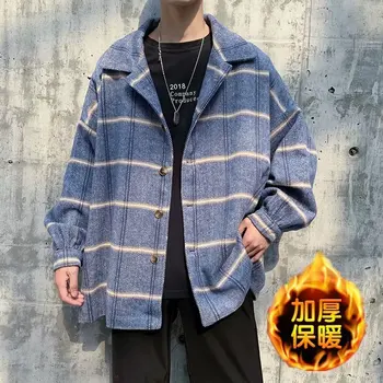 

Winter New Thick Woolen Coat Men's Fashion Retro Casual Woolen Jacket Man Streetwear Wild Loose Tartan Woolen Coat Male M-2XL